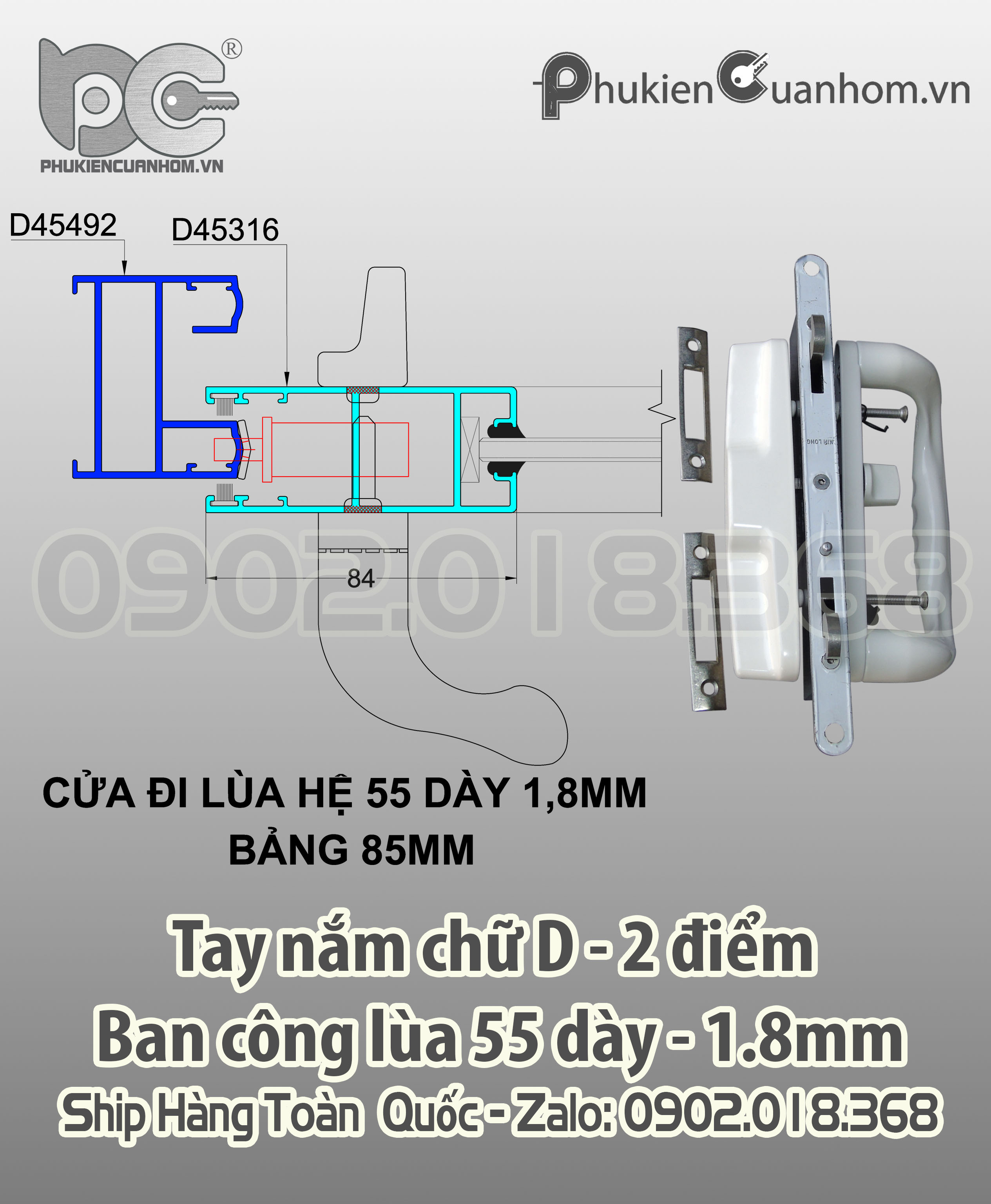 Khóa chữ D cửa lùa ban công nhôm Xingfa hệ 55 dày 1.8mm bảng 85mm