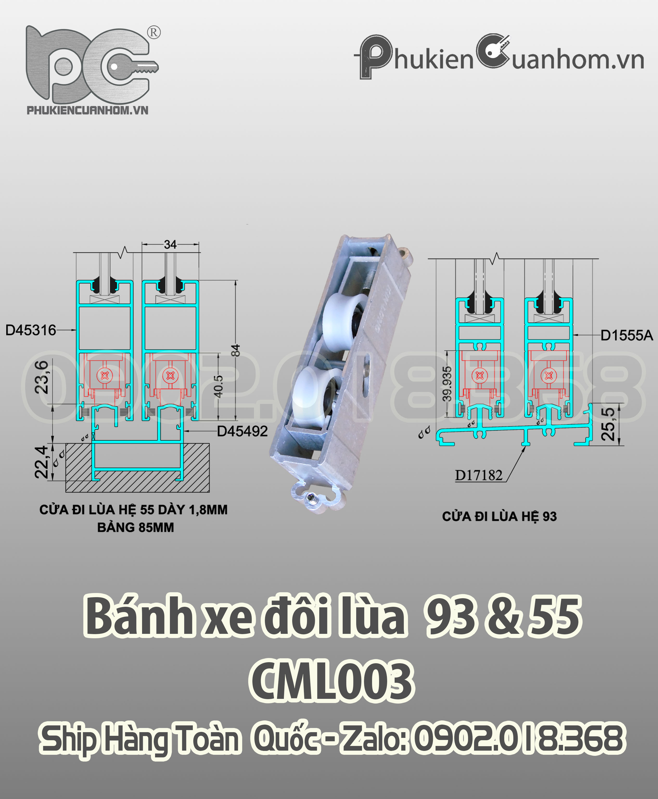 Bánh xe đôi cửa lùa hệ 93 và 55 dày 1,8mm cải tiến CML003