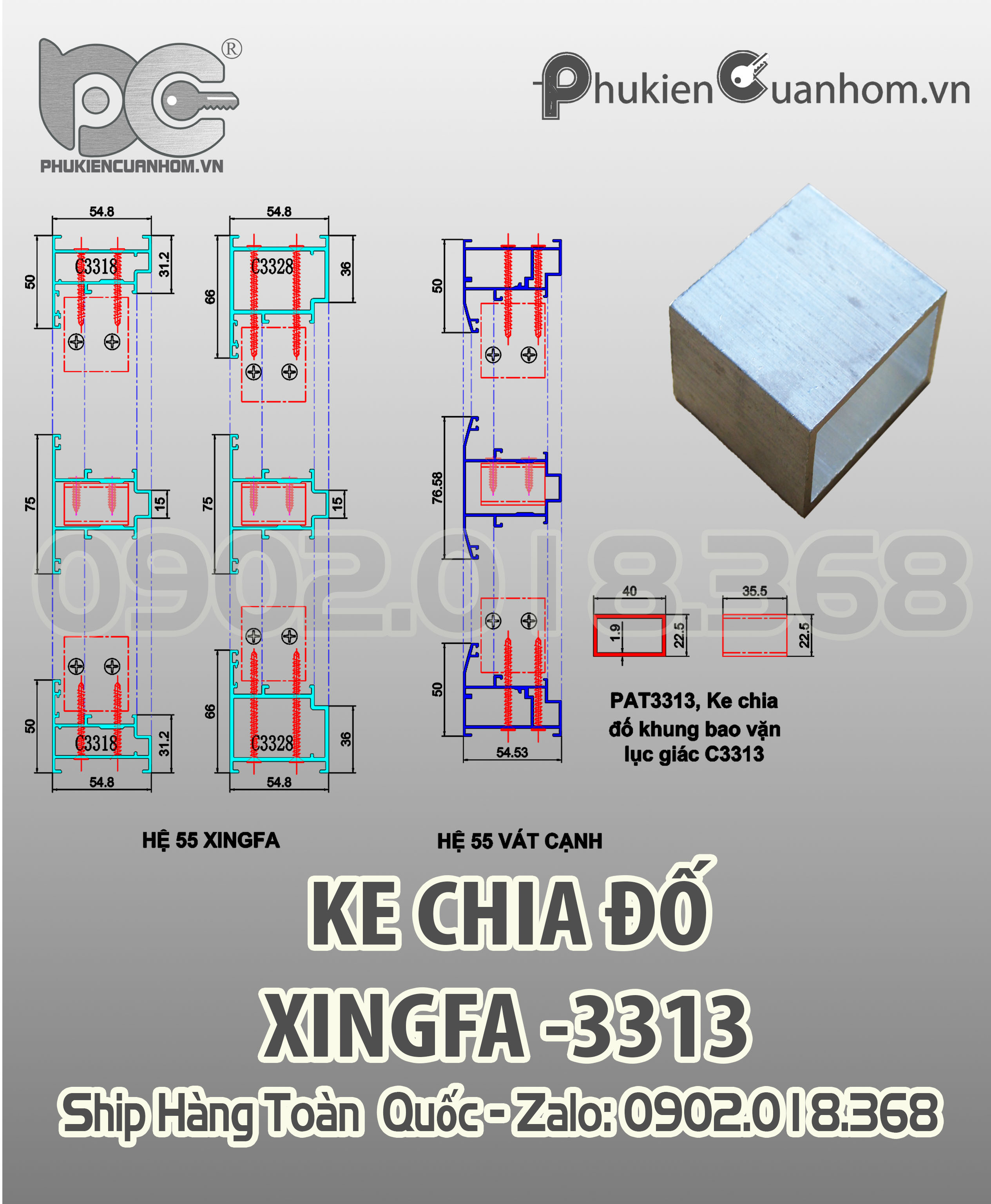 Pát hộp liên kết chia đố khung bao C3313 nhôm Xingfa
