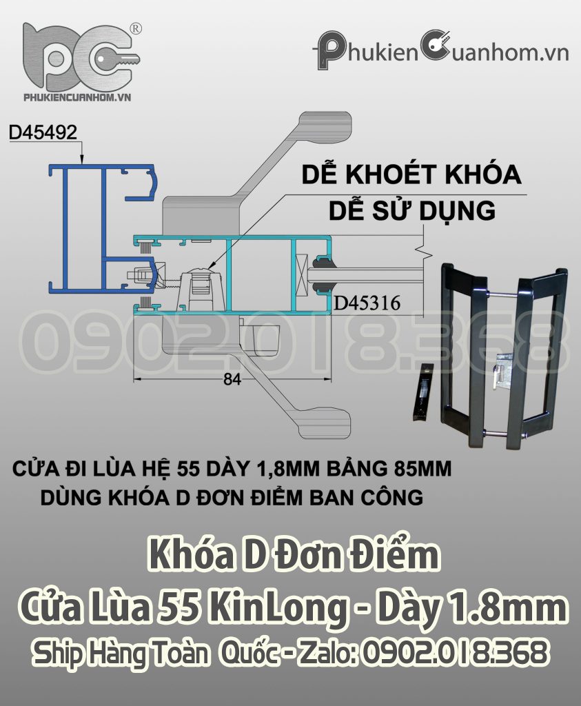 Khóa chữ D đơn điểm KinLong chính hãng cửa lùa hệ 55 bảng 85